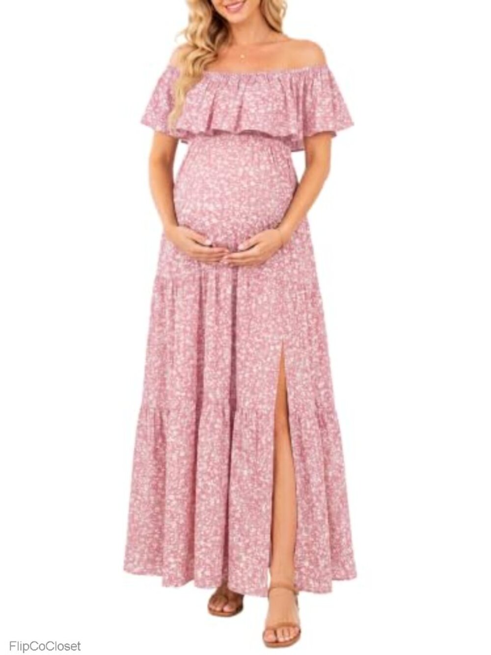 Maternity Off Shoulder Ruffle Maxi Dress Flowy Pregnancy Baby Shower Photoshoot